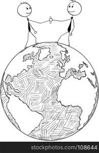 Cartoon stick man drawing conceptual illustration of two international businessmen shaking hands while standing on the Earth world globe. Concept of US and Europe or European Union or EU cooperation.