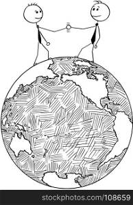 Cartoon stick man drawing conceptual illustration of two international businessmen shaking hands while standing on the Earth world globe. Concept of US or America and Russia or Asia cooperation.