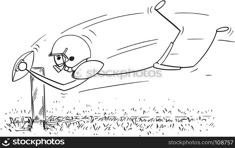 Cartoon stick man drawing illustration of american football player jumping to score touchdown.