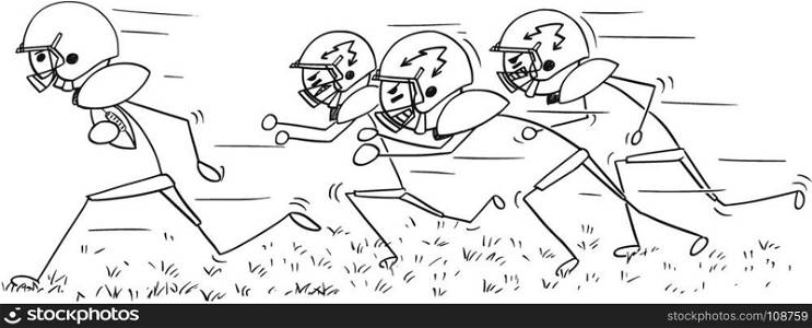 Cartoon stick man drawing illustration of american football player running with ball pursued by defenders