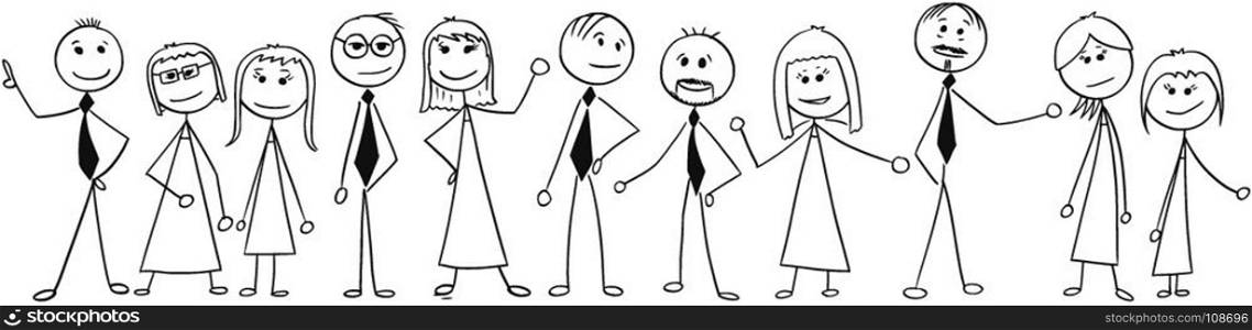 Cartoon stick man drawing illustration of crowd of eleven business people, men and women, businessmen and businesswomen standing and posing.
