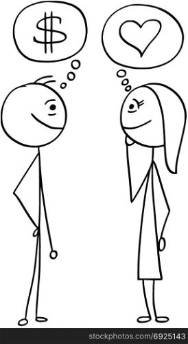 Cartoon stick man drawing illustration of difference between man and woman talking about money dollar sign and love heart symbol.