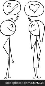 Cartoon stick man drawing illustration of difference between man and woman talking about baseball sport and love heart symbol.