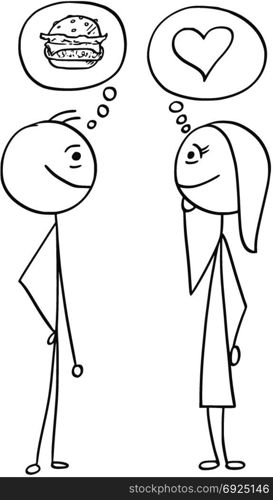 Cartoon stick man drawing illustration of difference between man and woman talking about hamburger burger food and love heart symbol.