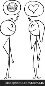 Cartoon stick man drawing illustration of difference between man and woman talking about hamburger burger food and love heart symbol.