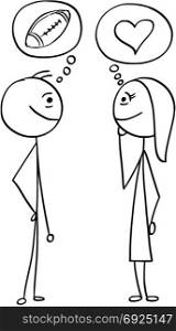 Cartoon stick man drawing illustration of difference between man and woman talking about football sport ball and love heart symbol.