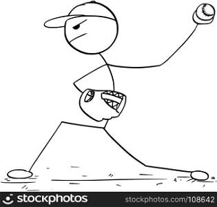 Cartoon stick man drawing illustration of male baseball player pitcher.