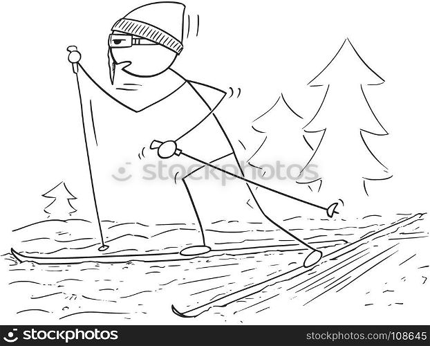 Cartoon stick man drawing illustration of male cross country skiing in cold winter sport.