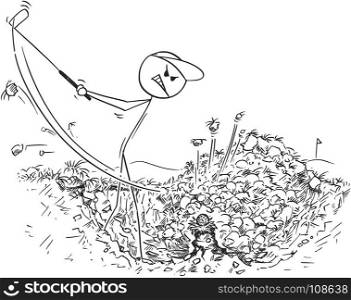 Cartoon stick man drawing illustration of male golf player in hole trying to play ball with club but hitting the grass divot instead.