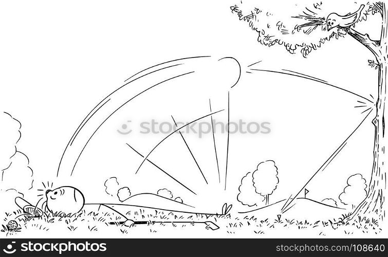 Cartoon stick man drawing illustration of male golf player who was hit or struck in to head by his own rebounded bounce ball.