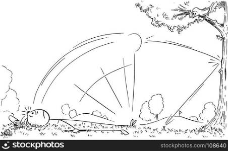 Cartoon stick man drawing illustration of male golf player who was hit or struck in to head by his own rebounded bounce ball.
