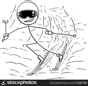 Cartoon stick man drawing illustration of male skiing downhill slope in cold winter sport.