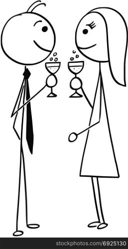 Cartoon stick man drawing illustration of man and woman drinking wine or champagne and smiling at each other.