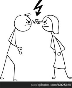 Cartoon stick man drawing illustration of man and woman in quarrel fight with flash between their eyes and lightning bold symbol above their heads.