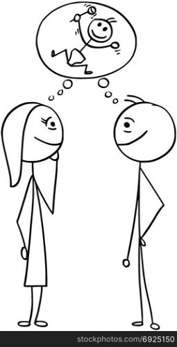 Cartoon stick man drawing illustration of man and woman thinking planning together to have a baby infant.