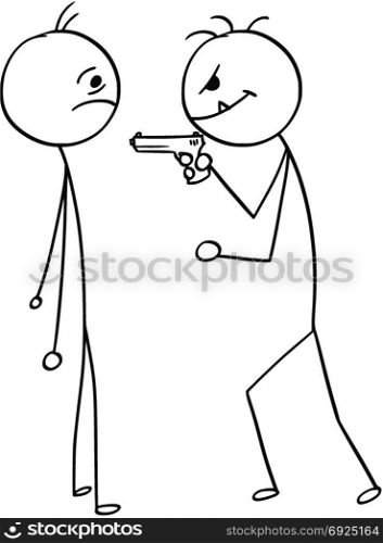 Cartoon stick man drawing illustration of man attacked mugged by evil criminal with hand gun pistol weapon.