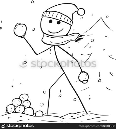 Cartoon stick man drawing illustration of man holding and throwing snowball during winter snowfall.