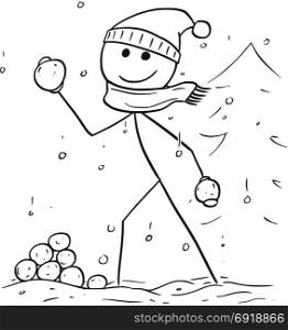 Cartoon stick man drawing illustration of man holding and throwing snowball during winter snowfall.
