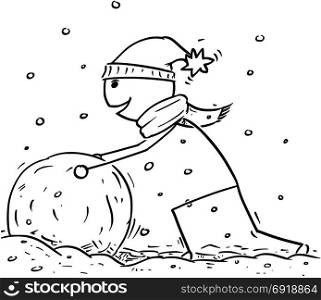 Cartoon stick man drawing illustration of man making large snowball for snowman during winter snowfall.