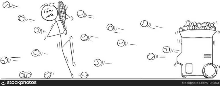 Cartoon stick man drawing illustration of man male player protecting yourself when playing against tennis training ball launcher machine.