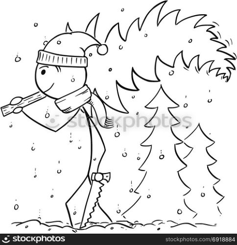 Cartoon stick man drawing illustration of man with saw carrying small tree from forest in snowfall for Christmas.
