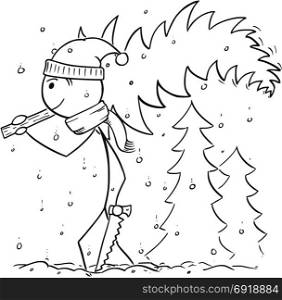 Cartoon stick man drawing illustration of man with saw carrying small tree from forest in snowfall for Christmas.