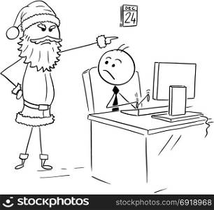 Cartoon stick man drawing illustration of man working on computer in office during Christmas, Santa Claus force him to leave.
