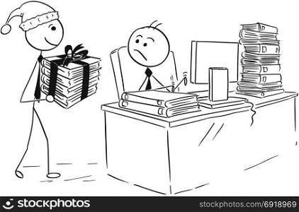 Cartoon stick man drawing illustration of man working on computer in office during Christmas, boss giving him more paper files work as gift.