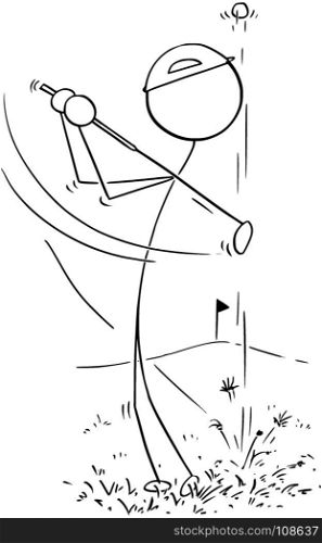 Cartoon stick man drawing illustration of one man male golf player playing drive ball with club.