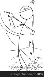 Cartoon stick man drawing illustration of one man male golf player playing drive ball with club.