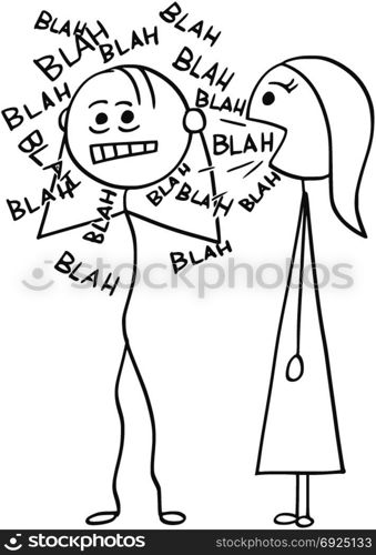 Cartoon stick man drawing illustration of sick man surrounded by words blah coming from mouth of talking woman.