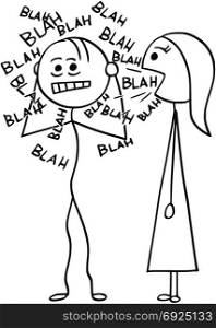 Cartoon stick man drawing illustration of sick man surrounded by words blah coming from mouth of talking woman.