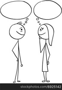 Cartoon stick man drawing illustration of smiling man and woman talking with empty blank speech text bubbles balloons.