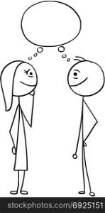 Cartoon stick man drawing illustration of smiling man and woman talking with empty blank speech text bubble balloon.