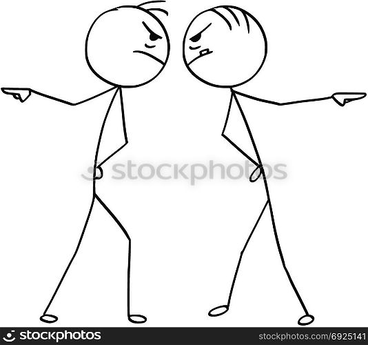 Cartoon stick man drawing illustration of two angry man pointing their hands in opposite different directions