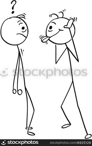 Cartoon stick man drawing illustration of two men, one of them is crazy or mad and sticking out his tongue.
