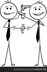 Cartoon stick man drawing illustration of two men politicians businessmen smiling and shaking their hands and pointing guns at each other in same time.