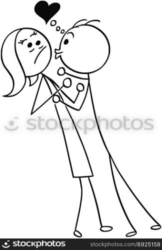 Cartoon stick man drawing illustration of woman resisting the kiss from man in love with heart symbol above, sexual harassment