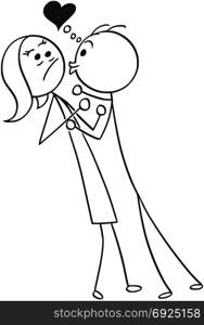 Cartoon stick man drawing illustration of woman resisting the kiss from man in love with heart symbol above, sexual harassment