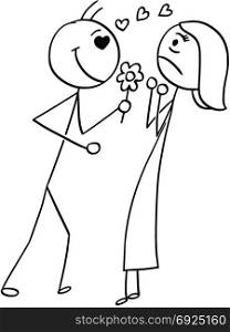 Cartoon stick man drawing illustration of woman resisting the love confession declaration from man with flower and heart symbols above.