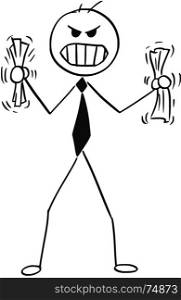Cartoon stick man illustration of angry businessman crumpling two sheets of paper.