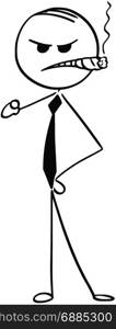 Cartoon stick man illustration of angry grumpy business man businessman boss smoking cigar and hand pointing.