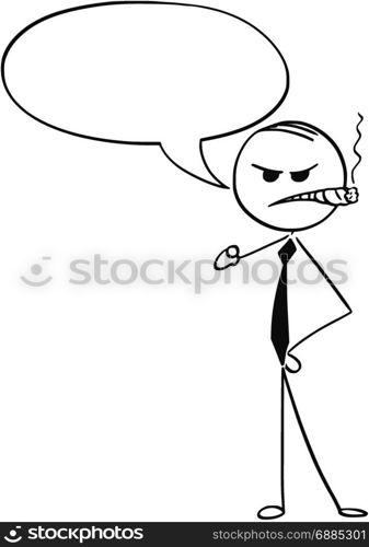 Cartoon stick man illustration of angry grumpy business man businessman boss with empty speech bubble smoking cigar and hand pointing.
