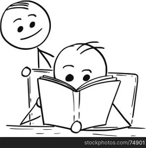 Cartoon stick man illustration of boy or man reading a book and another man standing behind him.