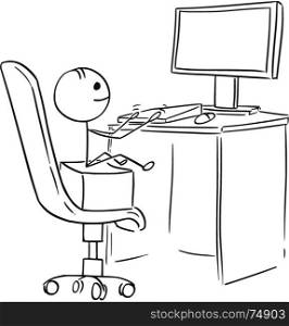 Cartoon stick man illustration of boy sitting on office chair and working typing playing on desktop computer.