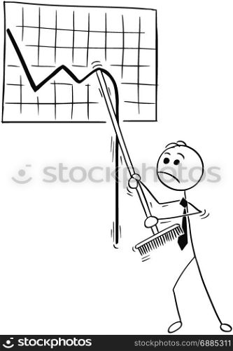 Cartoon stick man illustration of business man businessman with broom trying to raise wall graph chart.