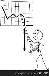 Cartoon stick man illustration of business man businessman with broom trying to raise wall graph chart.