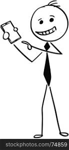 Cartoon stick man illustration of businessman pointing hand finger on mobile phone cell device.