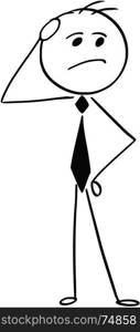 Cartoon stick man illustration of businessman thinking about decision problem question.