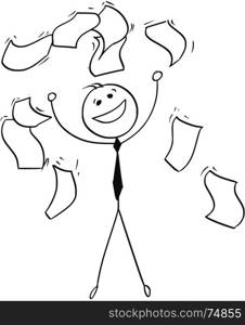 Cartoon stick man illustration of happiness happy businessman throwing documents in the air and papers falling around him.